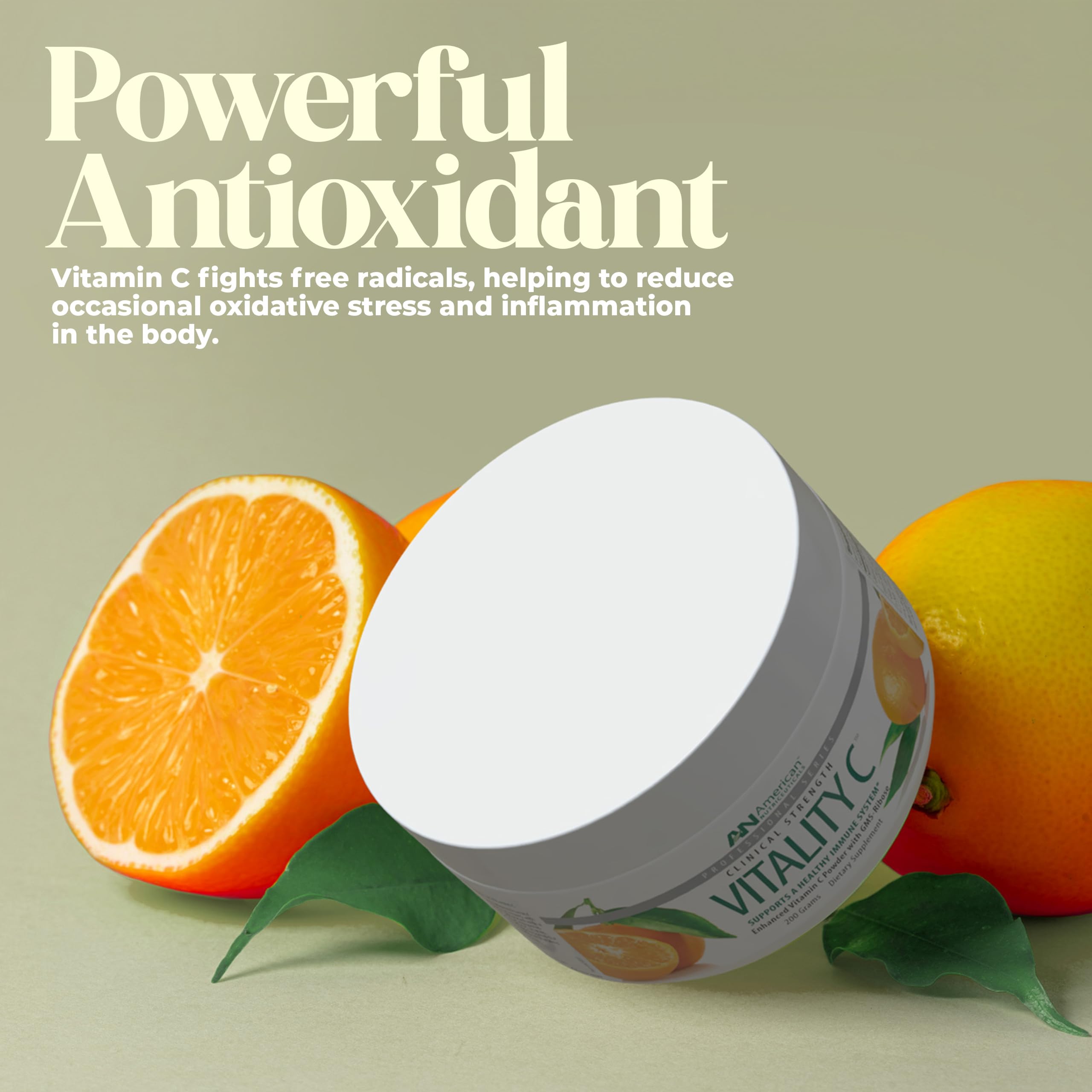 Étiquette sans sucre American Nutriceuticals, vitamine C pure adaptée aux enfants et adultes.