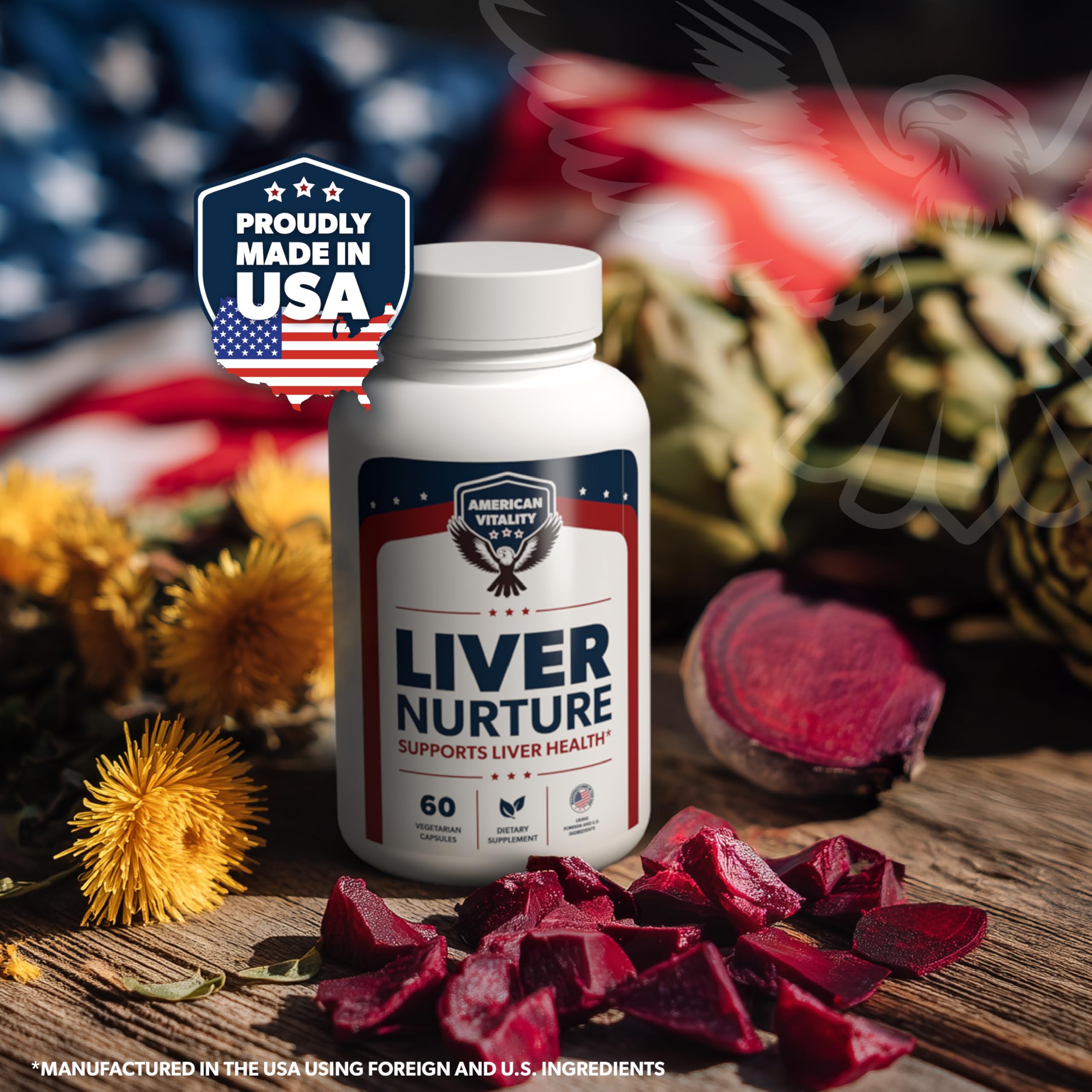AMERICAN VITALITY Liver Nurture – étiquette claire: transparence des ingrédients et valeurs nutritionnelles.
