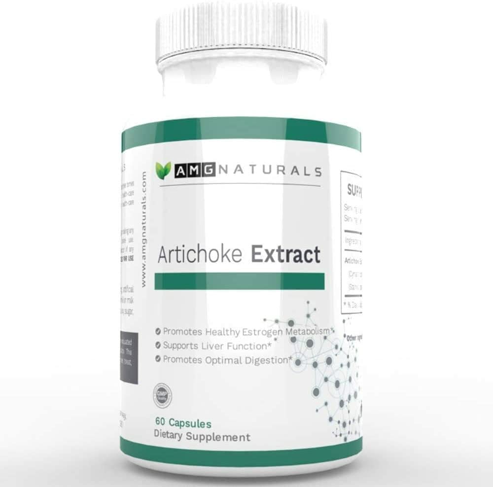 AMG Naturals Extrait d'artichaut: étiquette nette et gélules vertes, soutien digestion possible.
