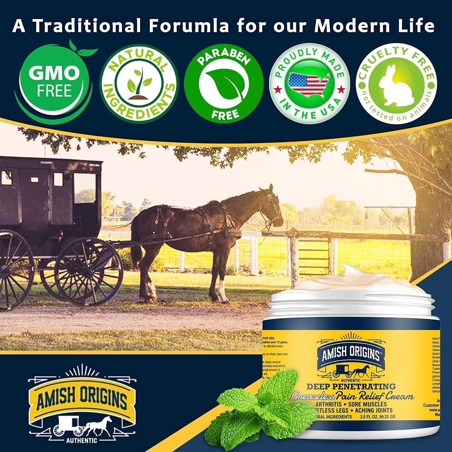 Amish Origins Crème douleurs genoux, soulagement localisé et pénétration efficace.