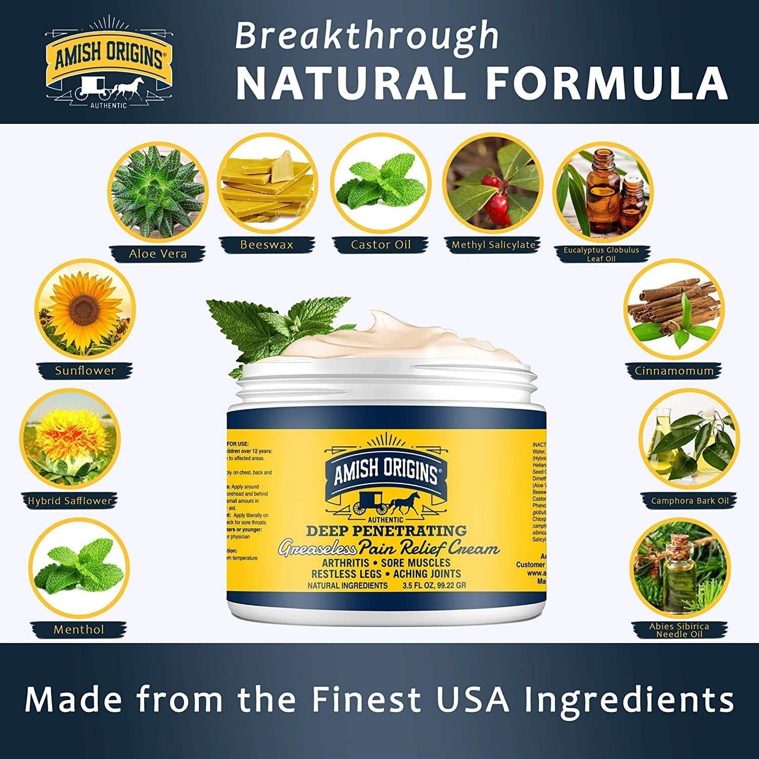 Amish Origins Crème douleur muscles, absorption rapide pour détente après l'effort.