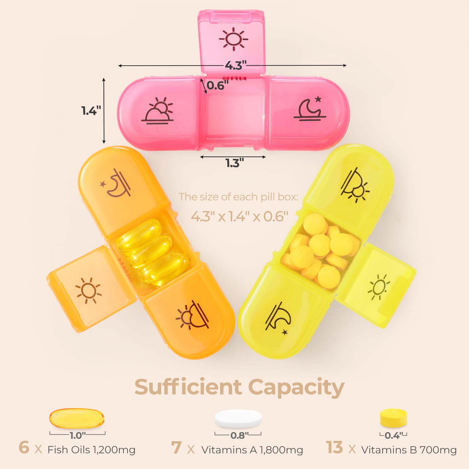 AMOOS compartiments grande capacité beige – rangement pour vitamines et suppléments.