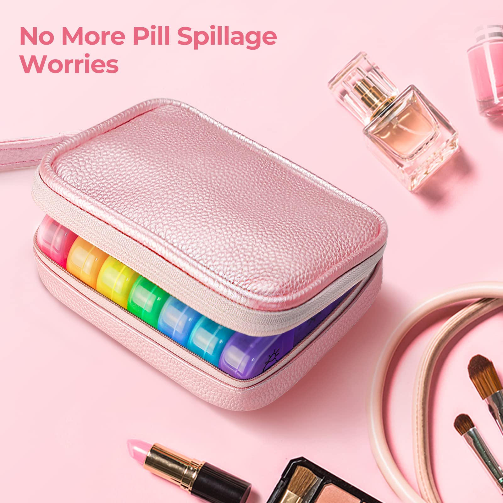 AMOOS Etui pilules portable avec fermeture éclair, rose, idéal pour vos déplacements.
