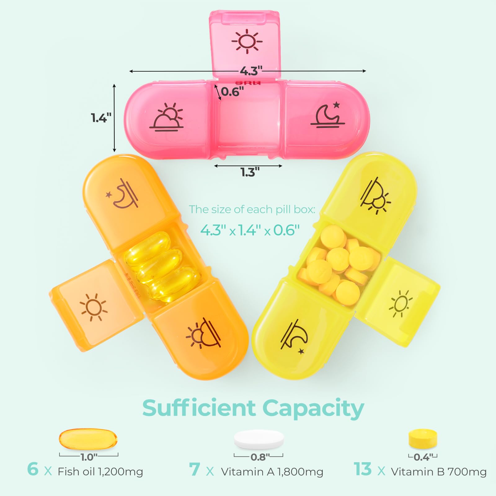 AMOOS Grandes compartiments-pilules, capacité adaptée pour vitamines et compléments.