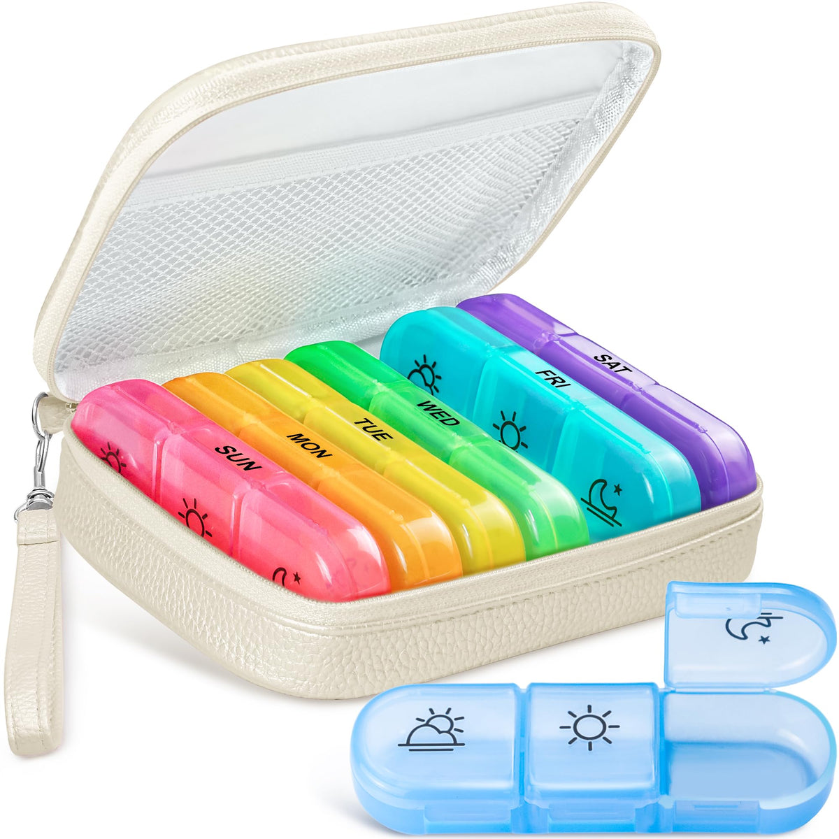 AMOOS Organisateur pilules beige – vue générale pratique et facile à transporter.