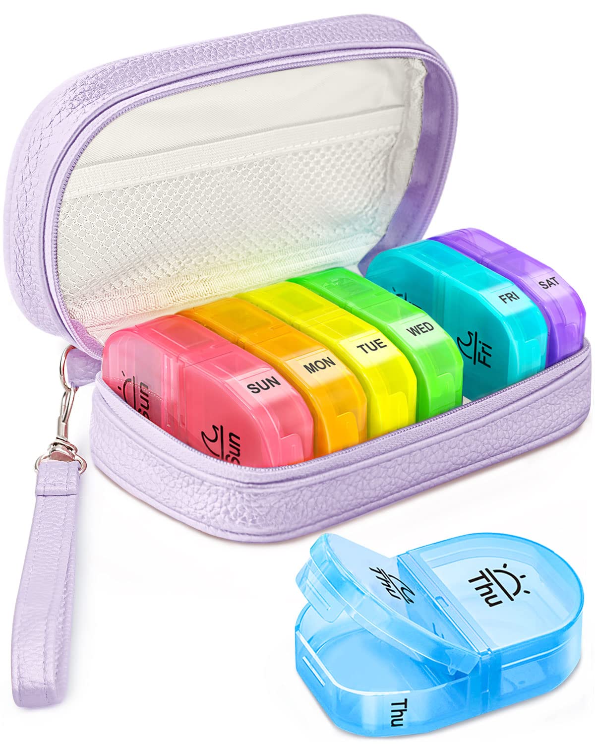 AMOOS Organisateur-pilules cuir PU pochette violet: pratique et discret pour voyage.