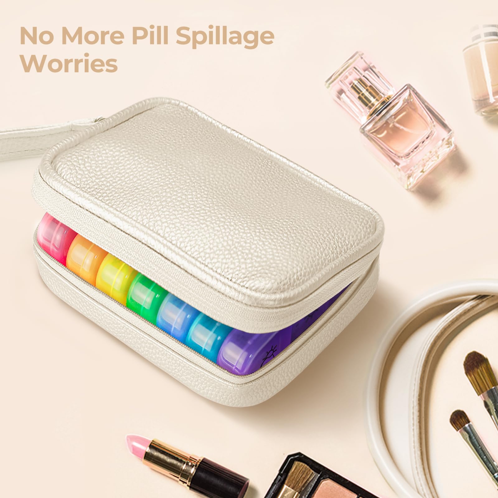 AMOOS pochette pilules cuir PU beige – confort et protection discrète.