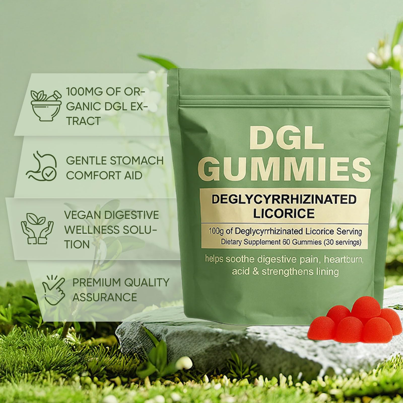 AMOQUCT Dgl Gummies — gelules-fruits, texture fruitée et confort digestif léger.