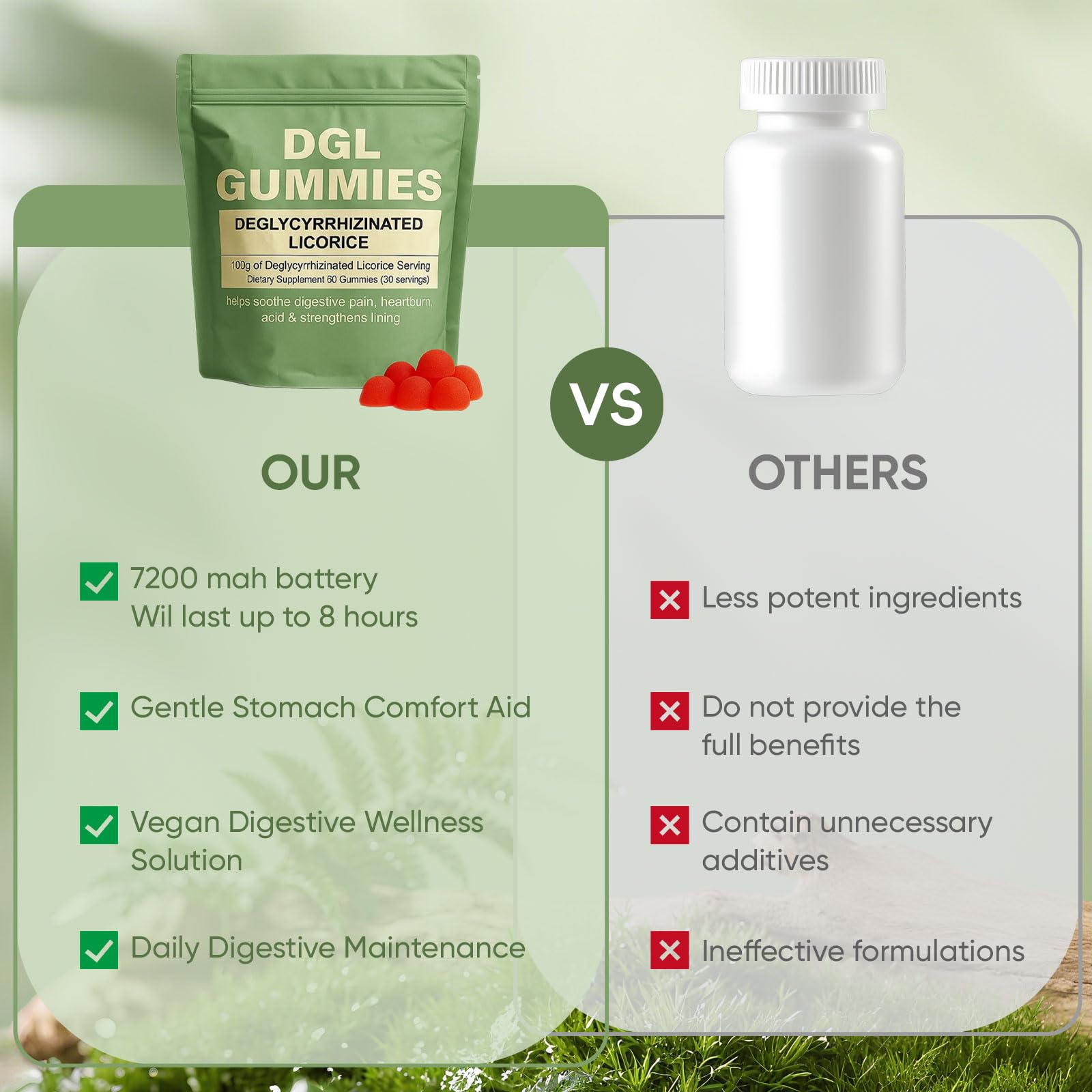 AMOQUCT Dgl Gummies — tableau-ingrédients, tapioca et fibres d'agrumes pour une formule végan.
