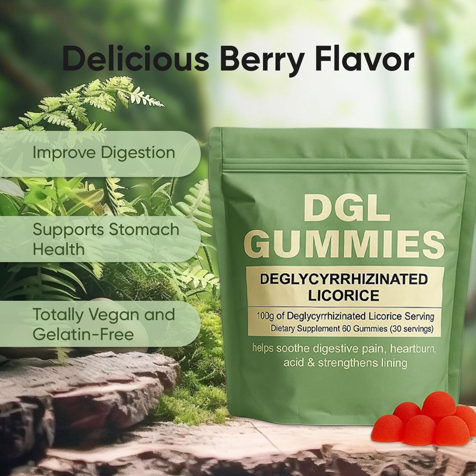 AMOQUCT Dgl Gummies — ingrédients tapioca et fibre d'agrumes, support quotidien en douceur.