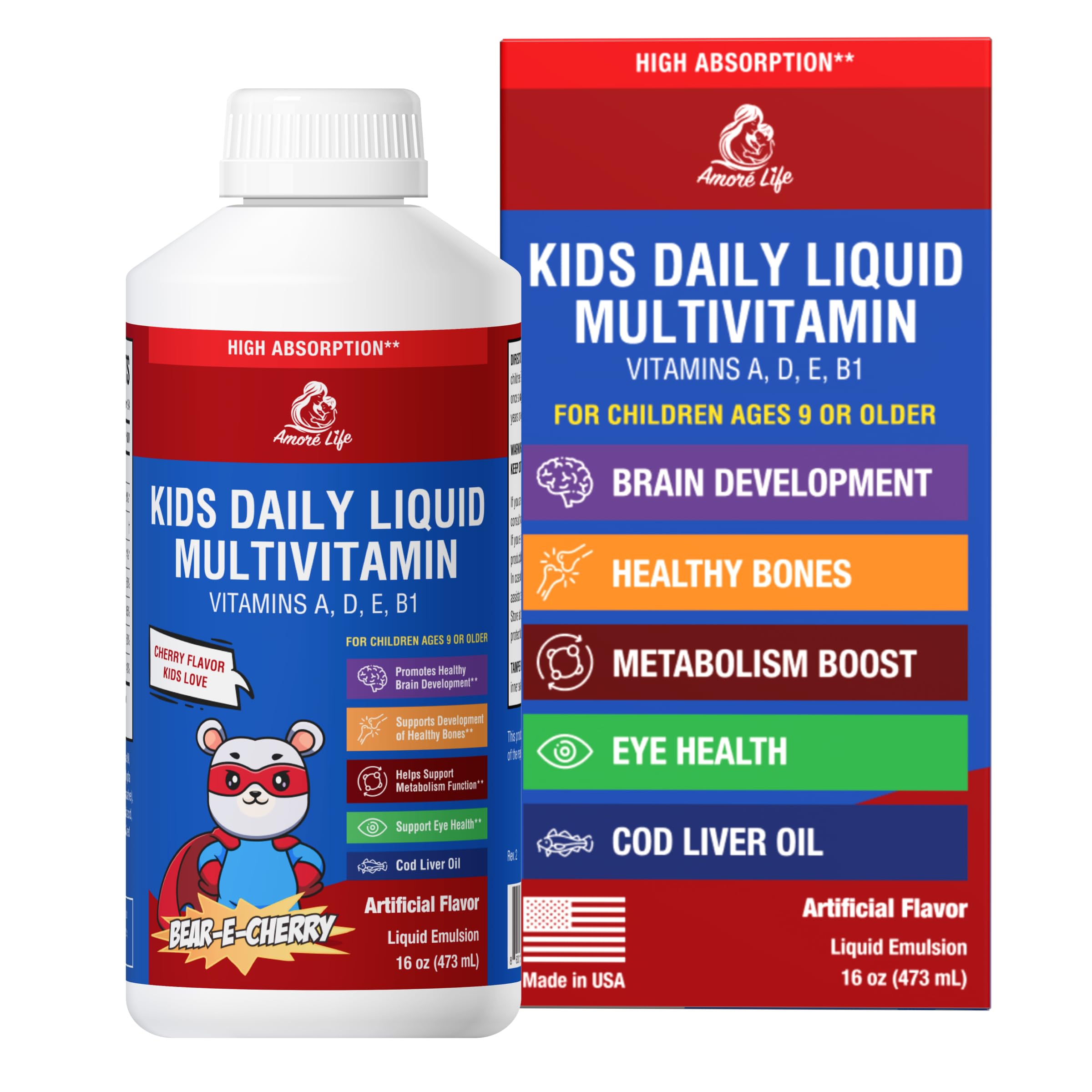 Bouteille Amore Life Multivitamines Liquides pour enfants, goût cerise, facilité d'utilisation quotidienne.