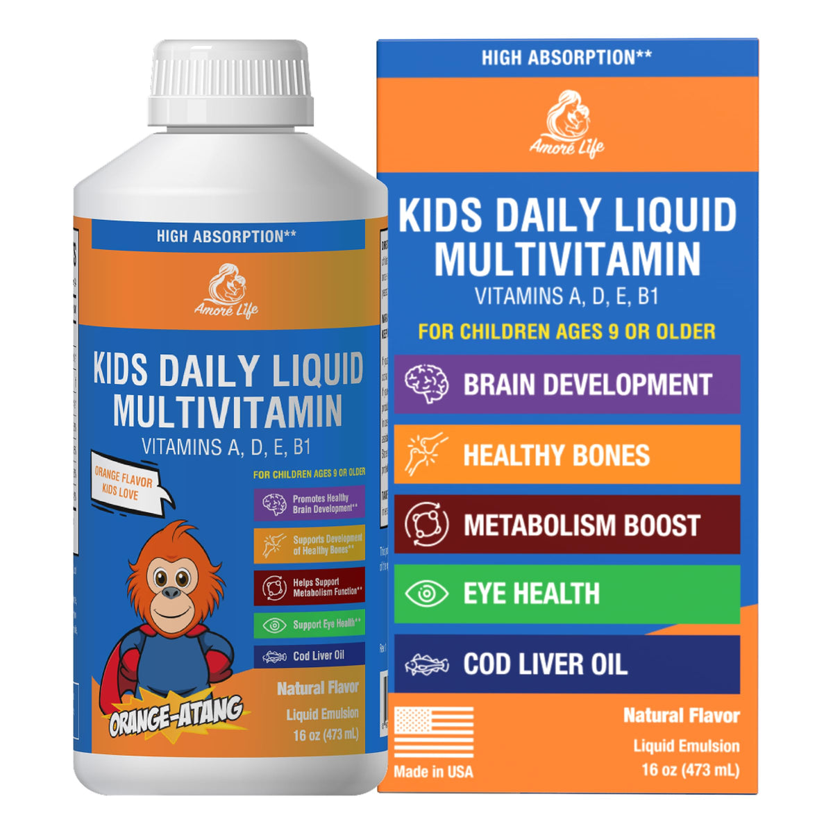Flacon Amore Life – multivitamine liquide pour enfants, pratique et facile à prendre.