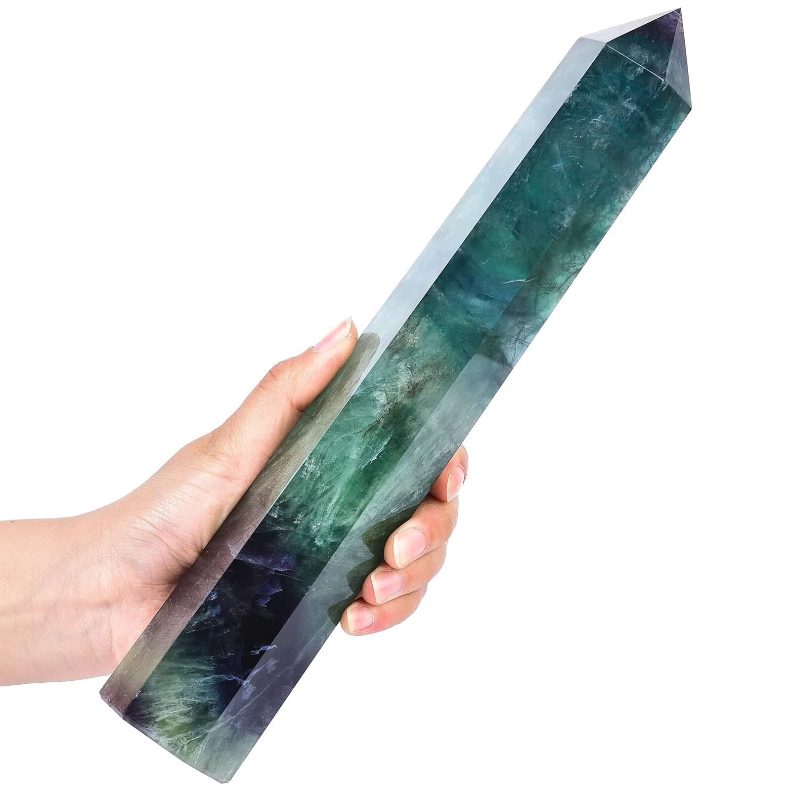 AMOYSTONE bâton cristal fluorite vert violet, utilisé comme support d énergie pendant les séances