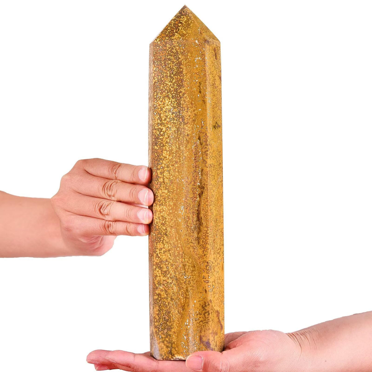 AMOYSTONE baton jaspe océan jaune obélisque à six faces pour méditation et équilibre.