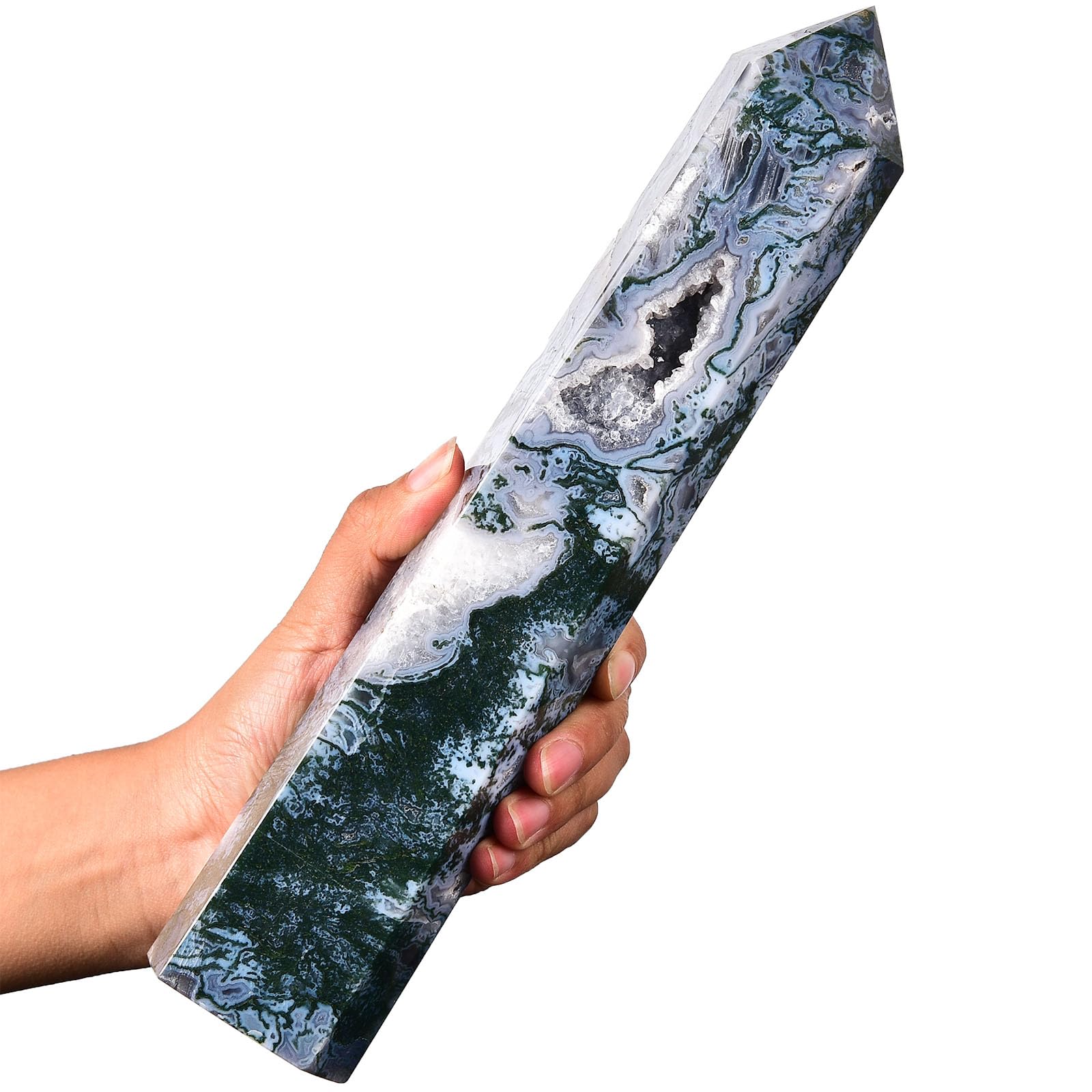 AMOYSTONE Colonne cristal Moss Agate à 6 facettes pour pratique spirituelle