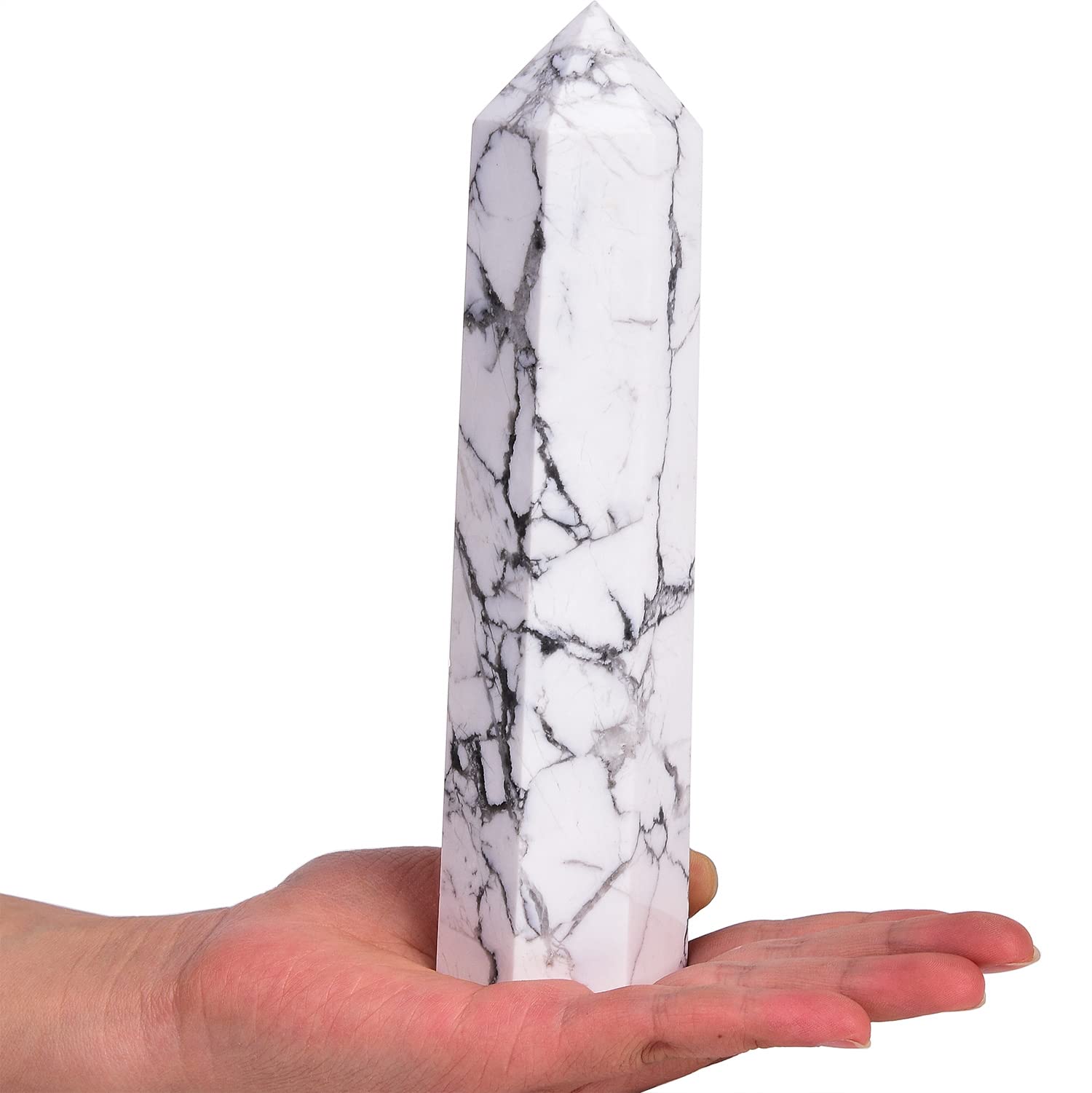 AMOYSTONE Howlite blanc obélisque grand pour décoration et énergie calme.