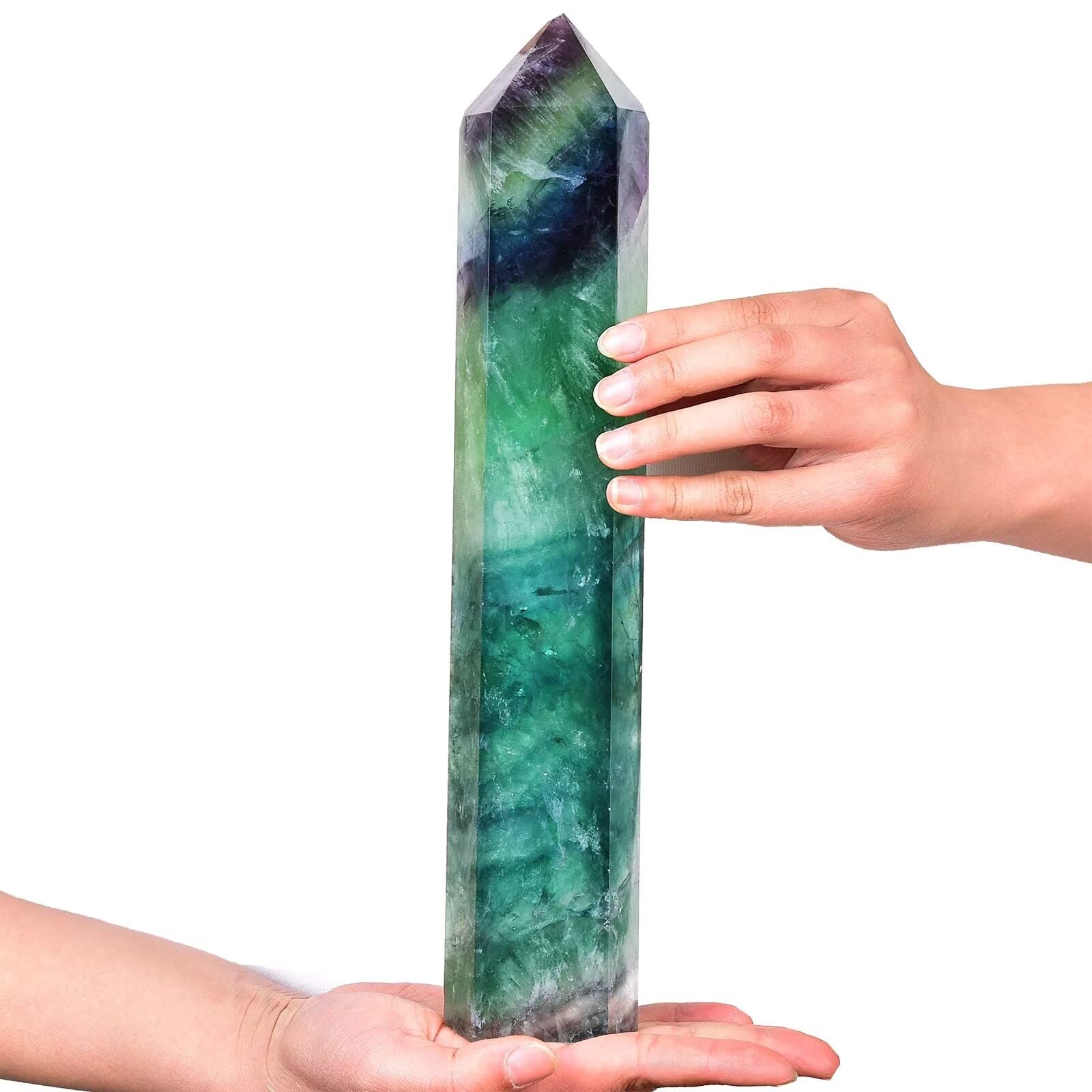 AMOYSTONE obélisque fluorite verte et violet, parfaite pour la méditation et l'harmonie émotionnelle