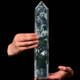 AMOYSTONE Obélisque with pointe de cristal Moss Agate pour méditation