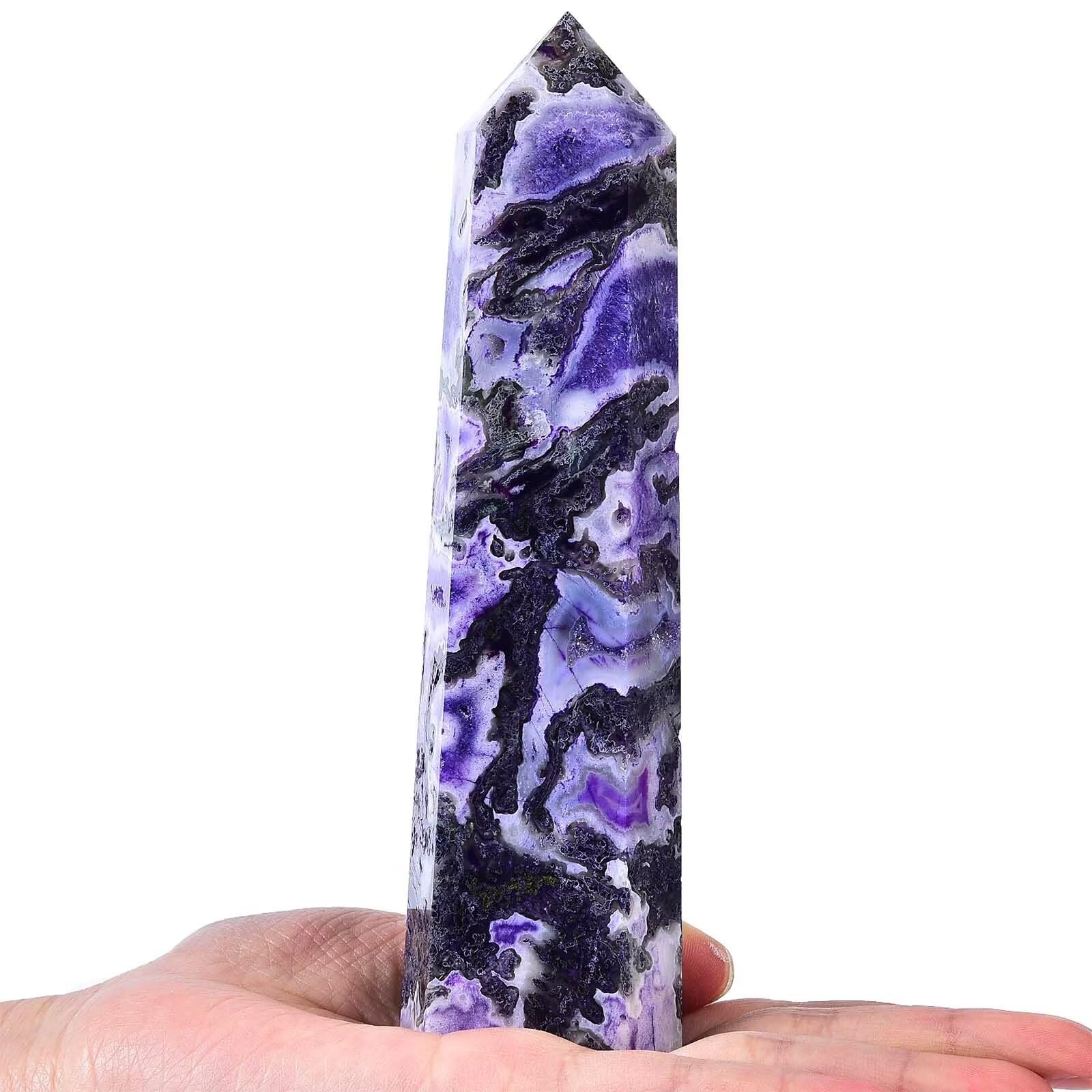AMOYSTONE pointe-cristal mousse d'agate, énergie concentrée pour méditation et équilibre émotionnel.