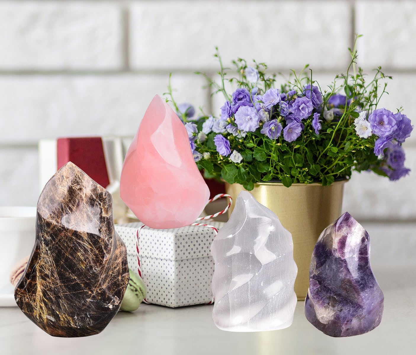 AMOYSTONE Rose Quartz flamme tour décor de chakra, énergie apaisante lors des pratiques.