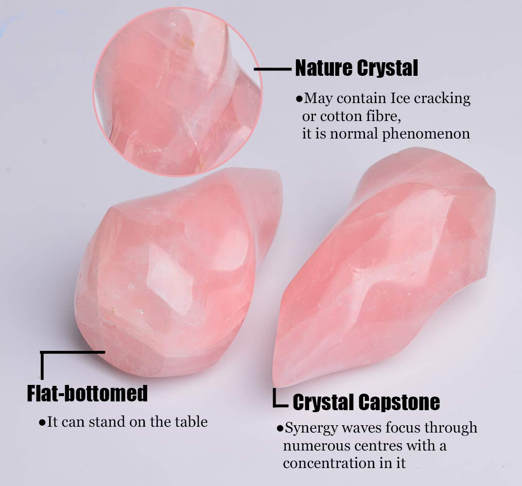 AMOYSTONE Rose Quartz flamme tour sommet, détail soigné et éclat du cristal.