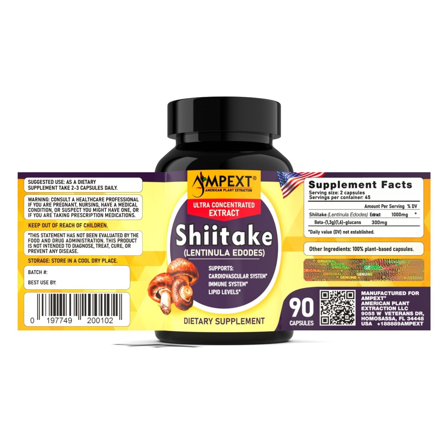 AMPEXT Shiitake Extrait - champignon partie-fructifiante, source naturelle de vitamines et minéraux.