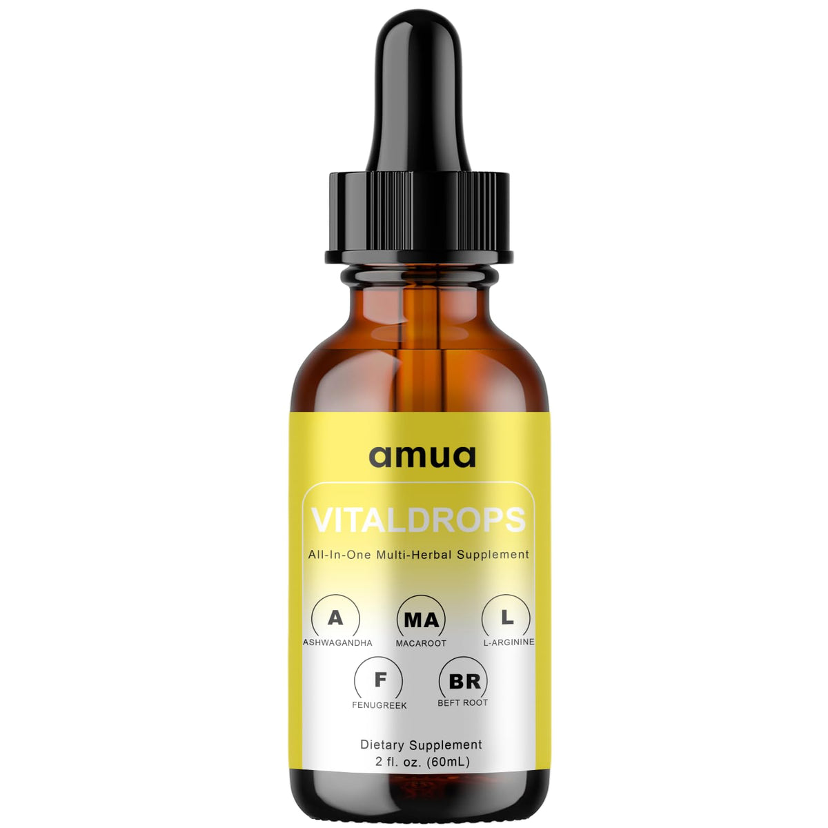 AMUA Vital Drops – bouteille vue de face, potentiel soutien à la silhouette.