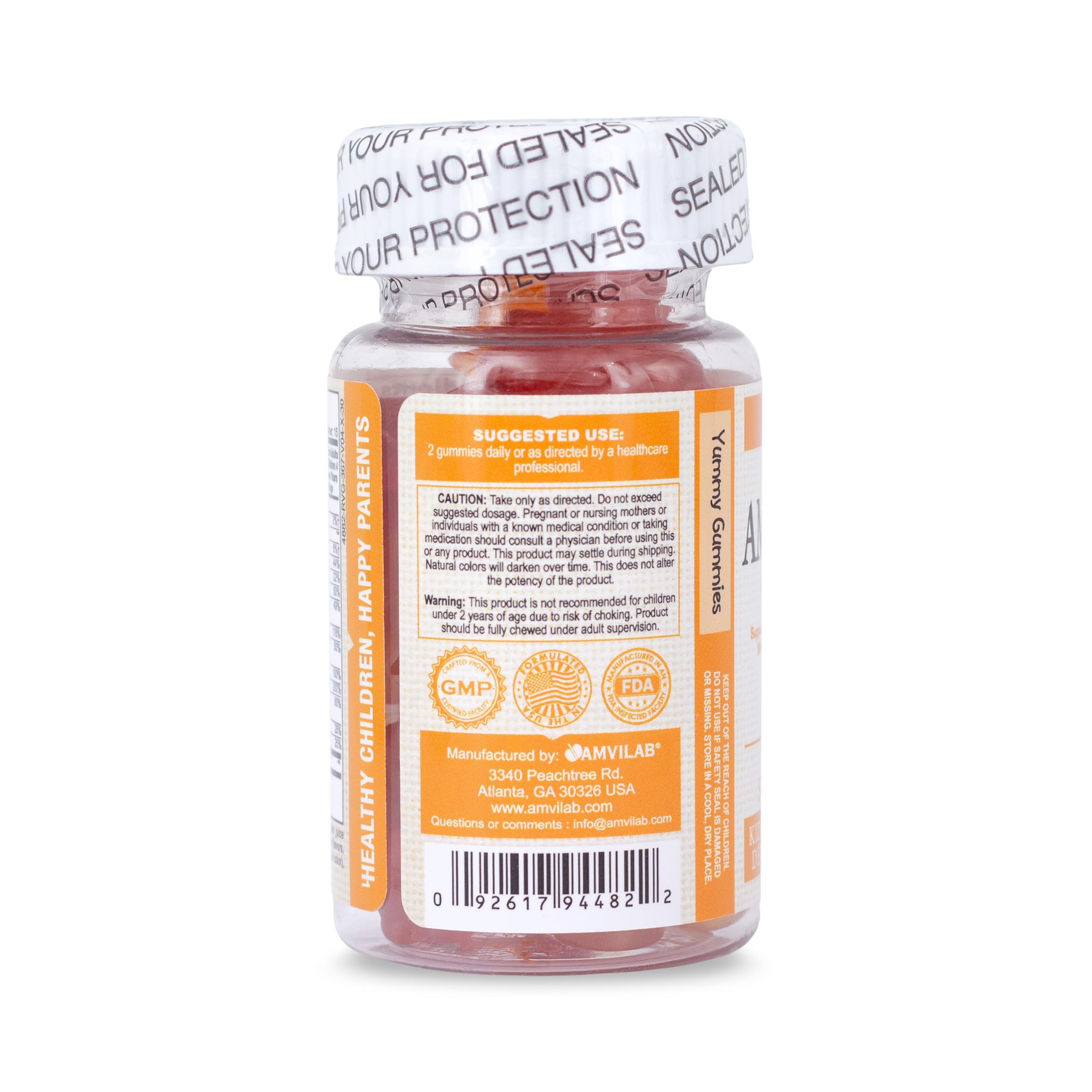 AMVILAB Amevit Kids Gummies – étiquette claire indiquant les nutriments clés
