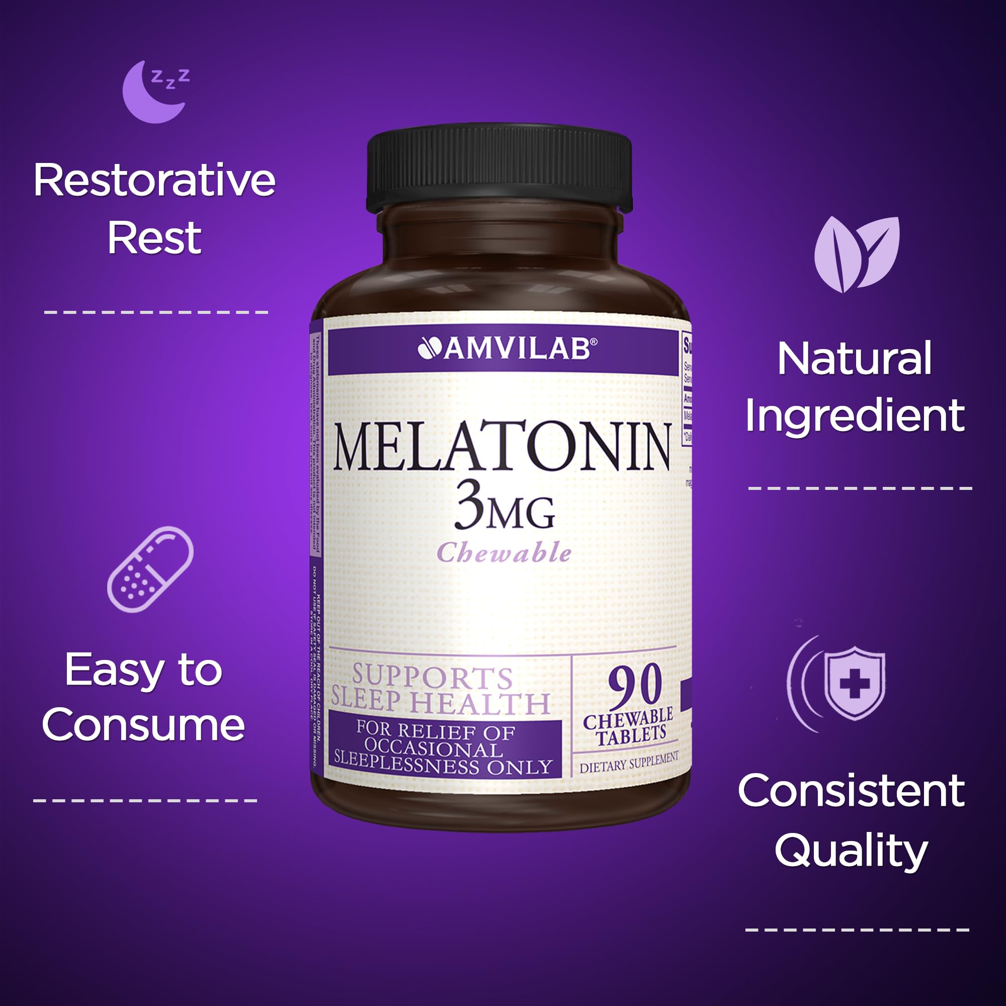 AMVILAB Mélatonine 3mg – usage nocturne facile sans eau et sans préparation.