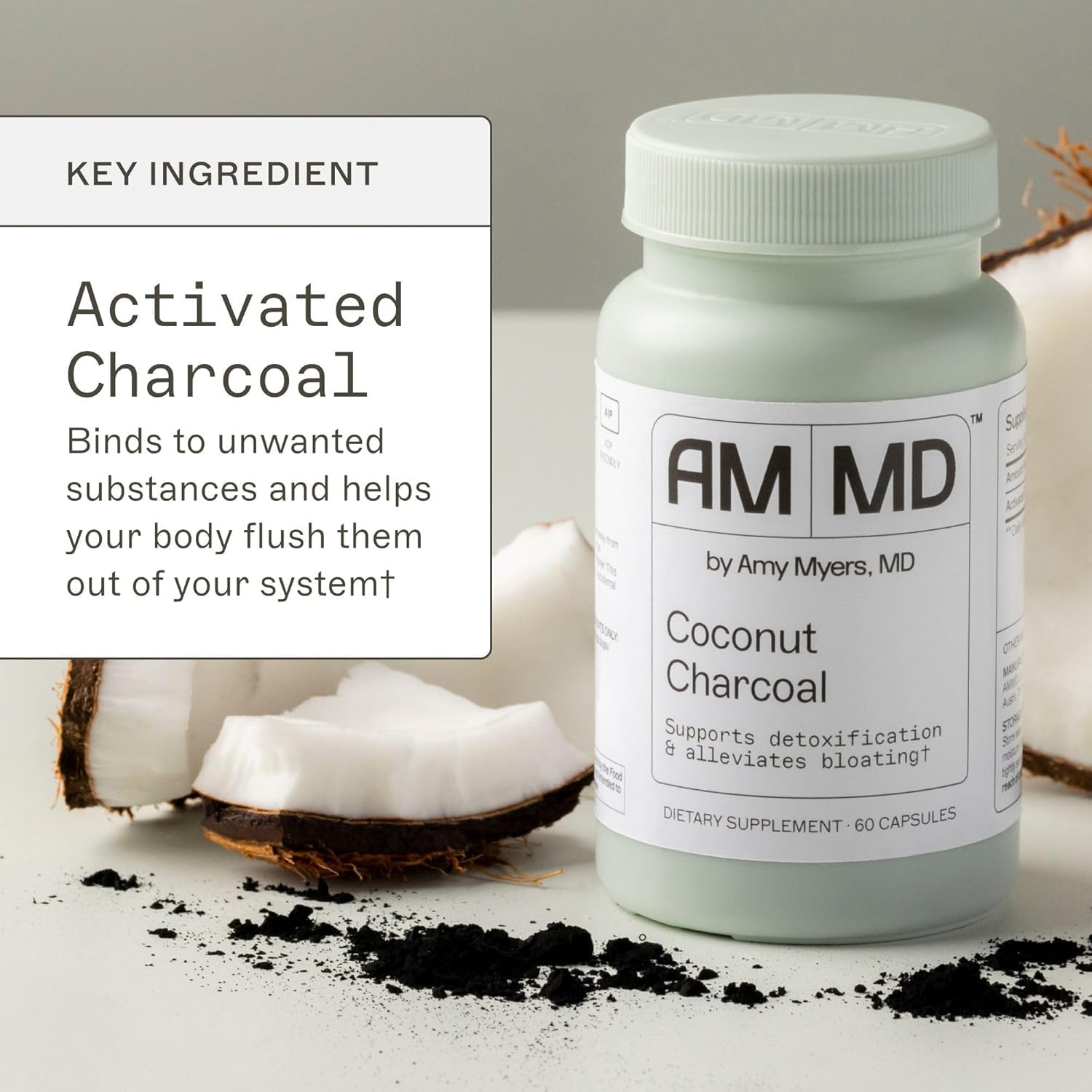 Amy Myers MD Charbon de coco capsules gros plan — texture naturelle