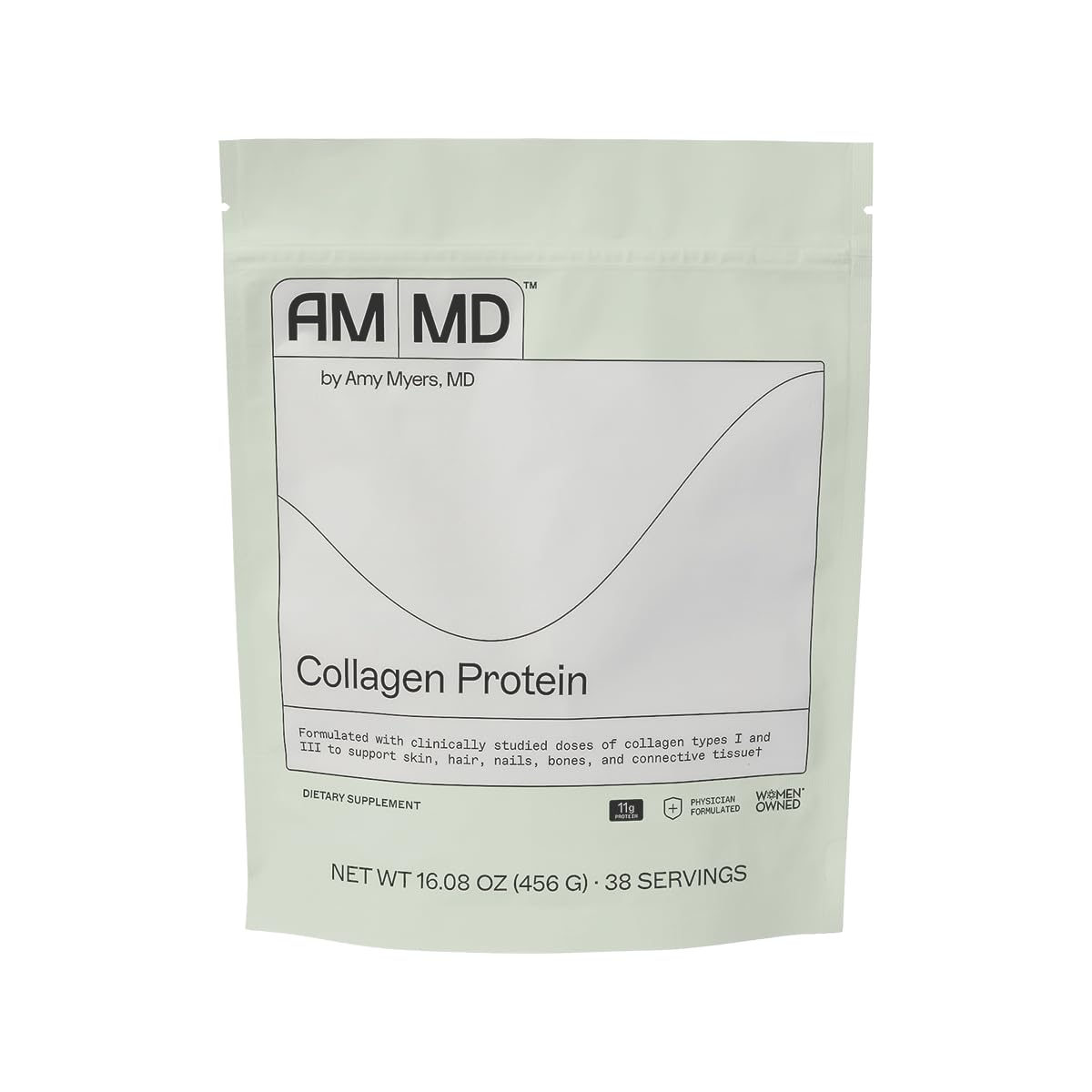 Amy Myers MD Collagen Protein, bouteille, soutien cheveux et peau.