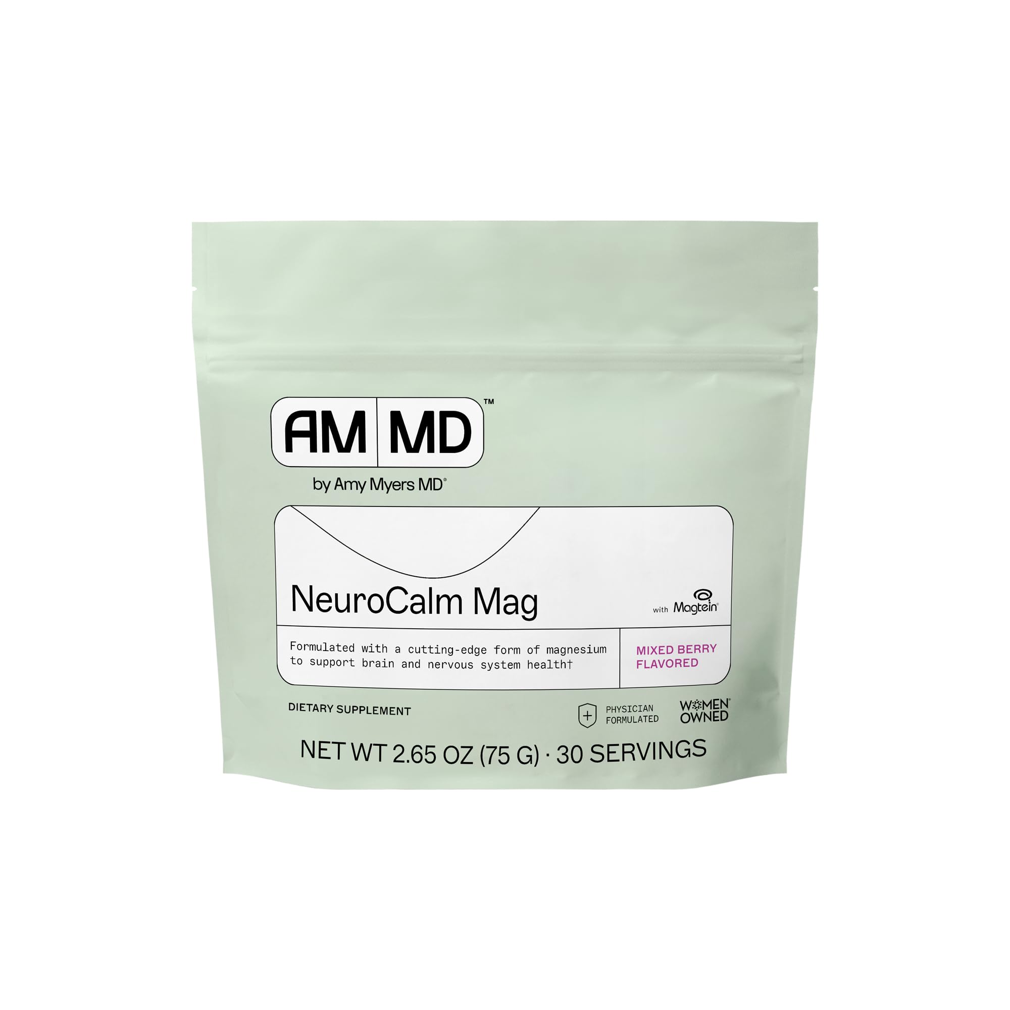 Amy Myers MD NeuroCalm Mag - bouteille montrant le produit et ses bénéfices potentiels pour le cerveau et le système nerveux.
