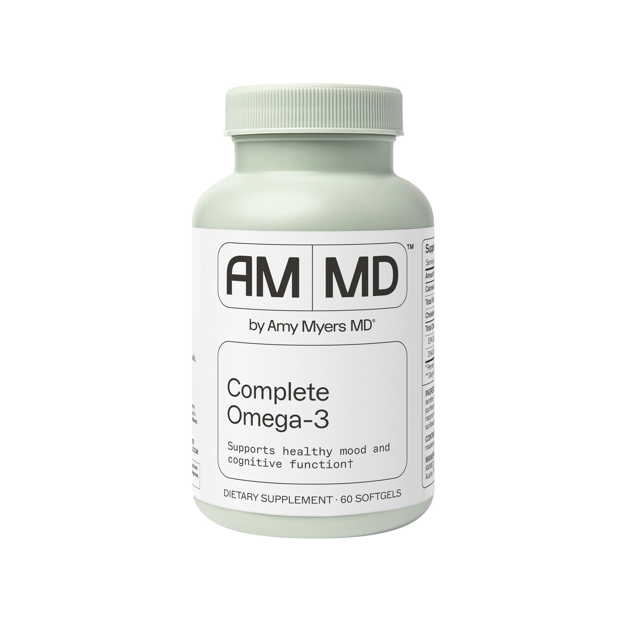 Amy Myers MD oméga-3 complets, boîte de gélules, soutien potentiel au système cardiovasculaire.