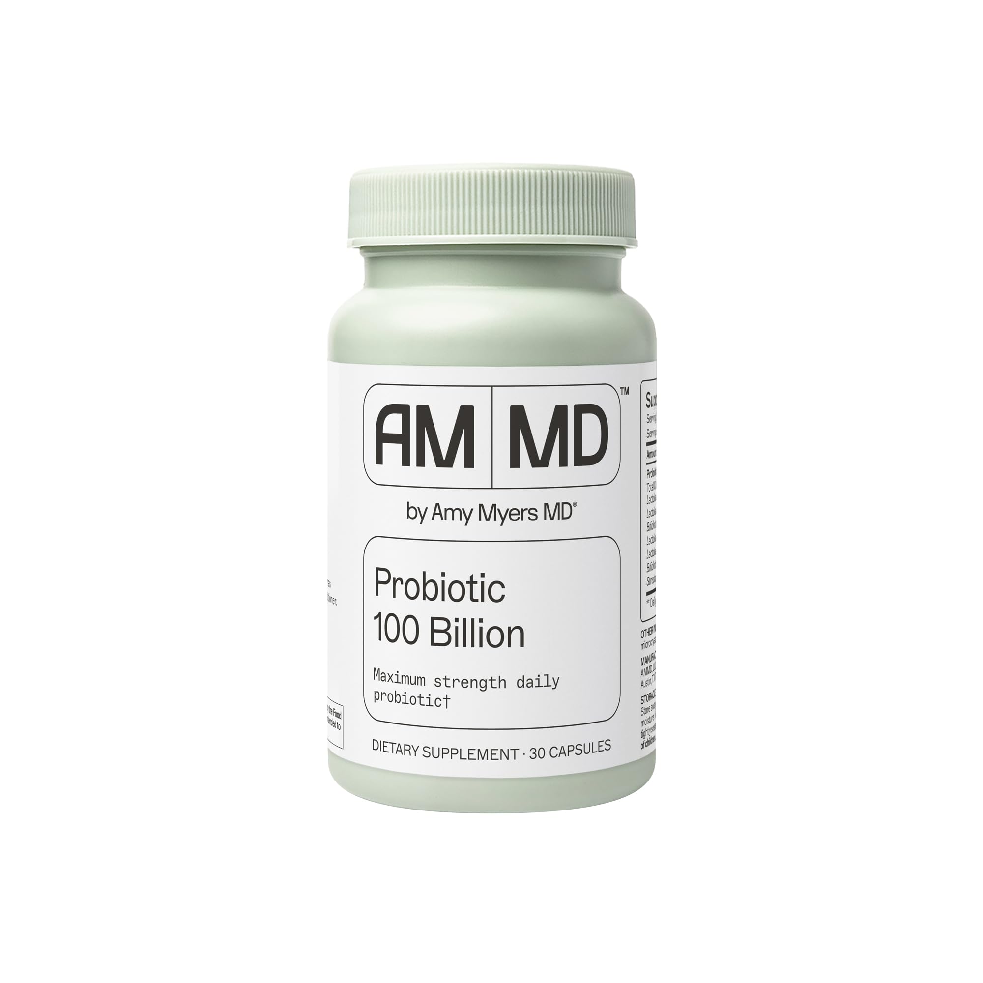 Amy Myers MD Probiotic 100 Milliards – bouteille, soutien potentiel au microbiome intestinal.