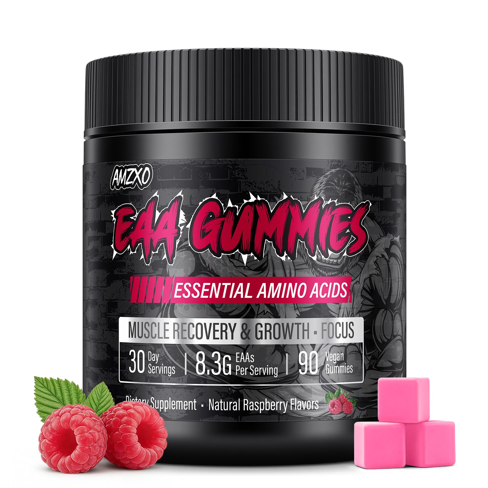 AMZXO EAA Gommes — bouteille affichant la formule 2:1:1 pour récupération musculaire