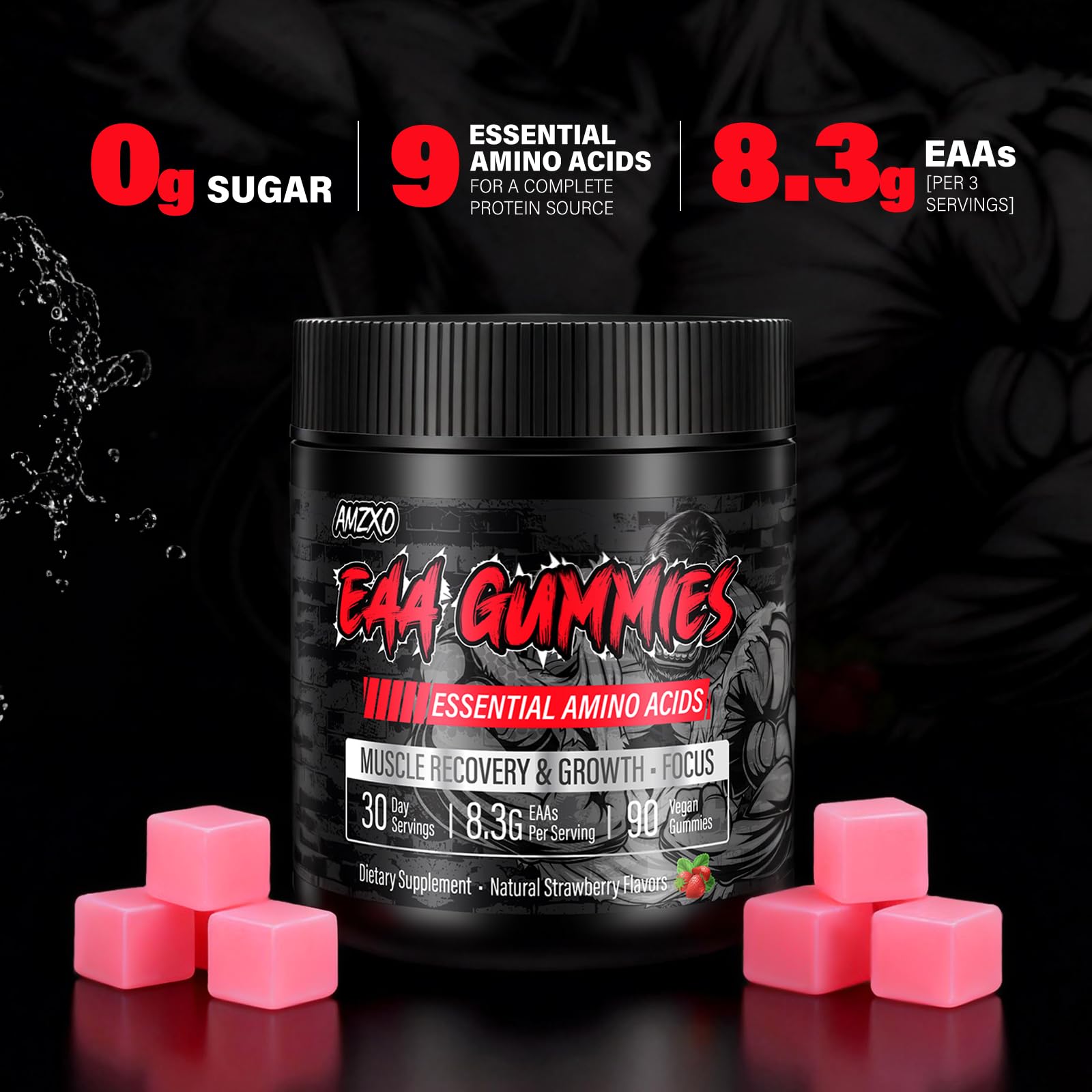 Gommes AMZXO EAA saveur fraise, faciles à prendre après l'entraînement.