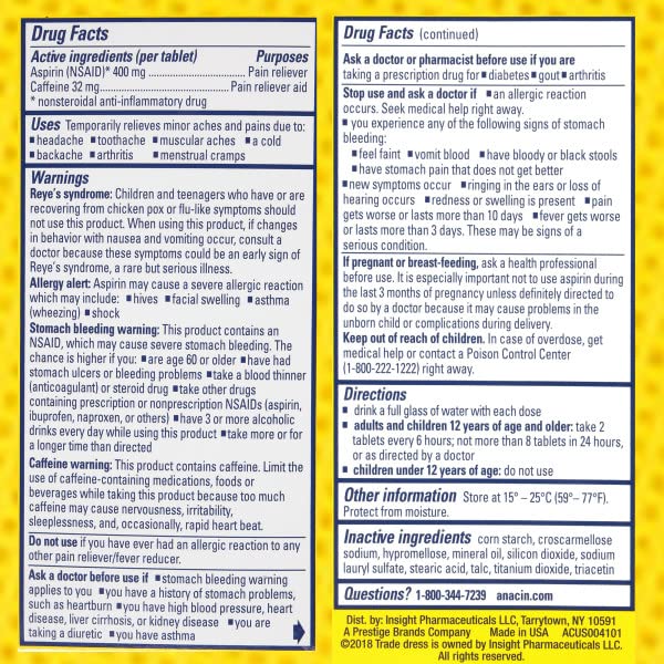 ANACIN dosage rapide tablettes; présentation pratique pour prise occasionnelle.