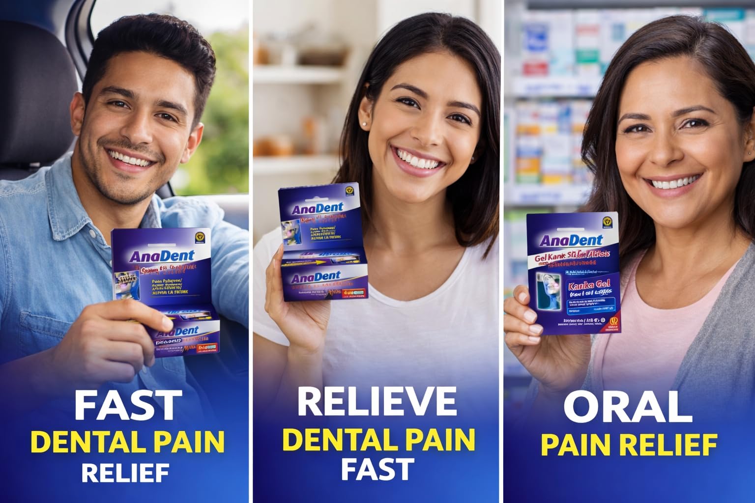 Soulagement rapide avec Anadent Gel Dentaire pour douleurs buccales.