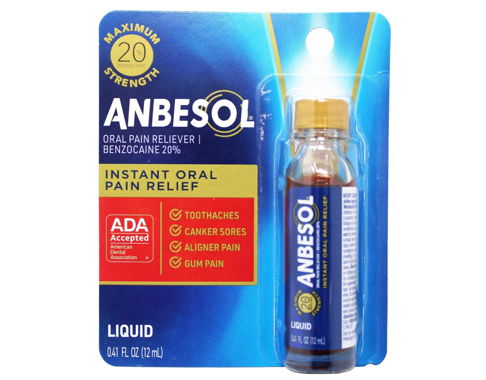 Emballage Anbesol Force Maximale Liquide, lot de 3 prêt à l’emploi.
