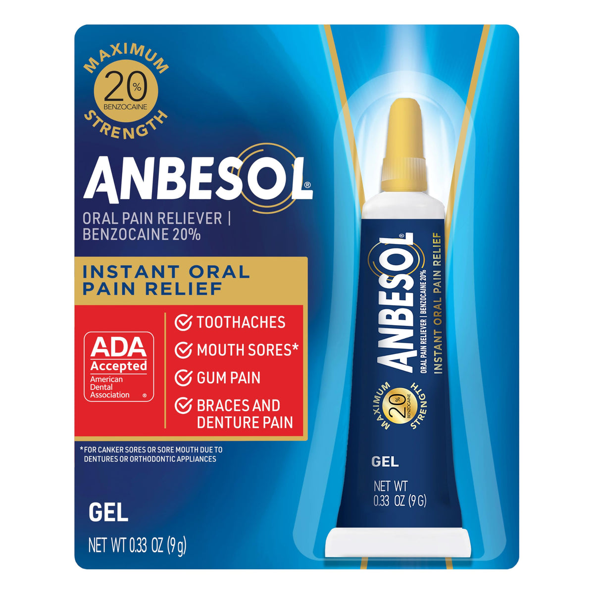 Gel Anbesol Puissance Maximale, tube prêt à l’emploi pour un soulagement rapide.