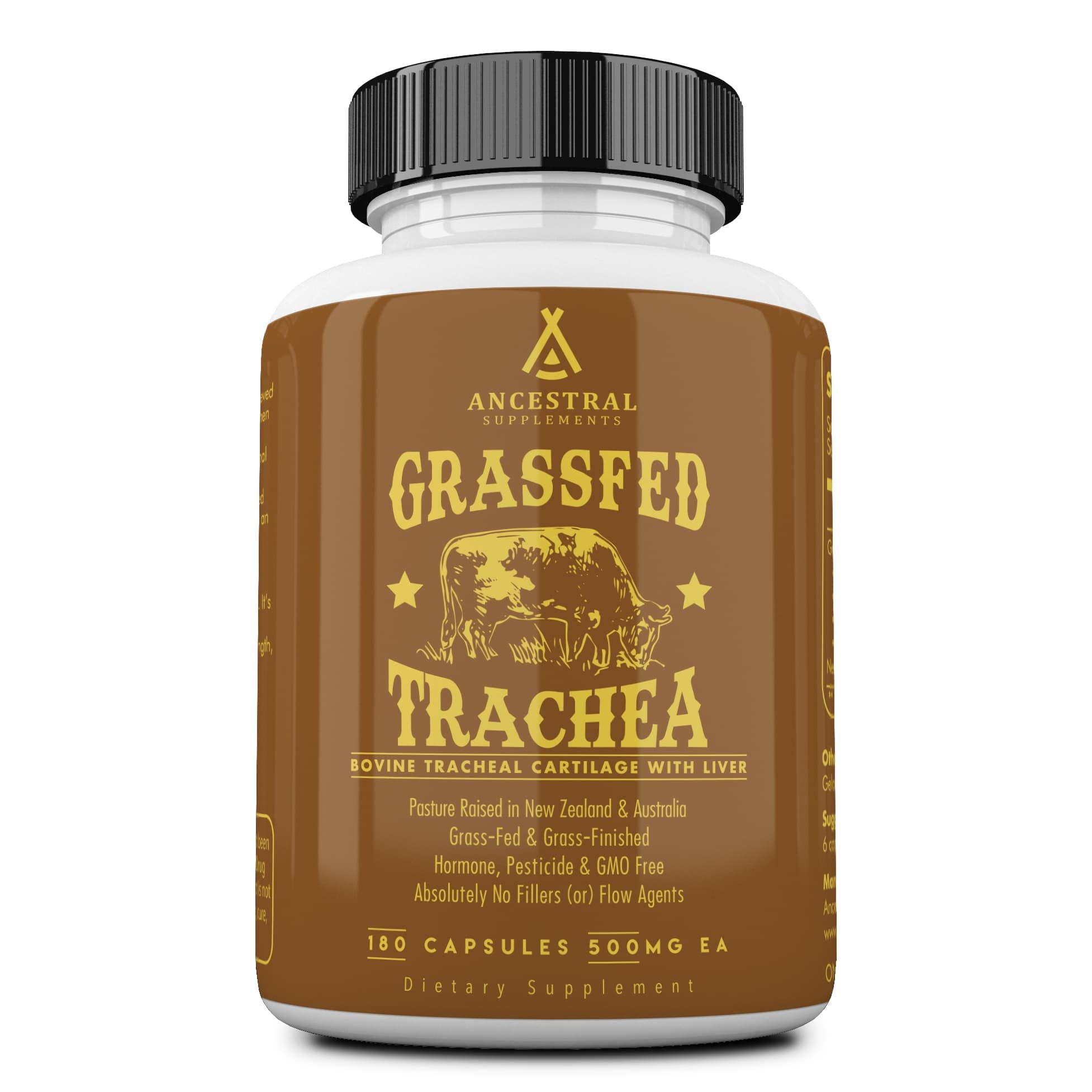 Ancestral Supplements – bouteille montrant cartilage trachéal et foie, nutrition naturelle.