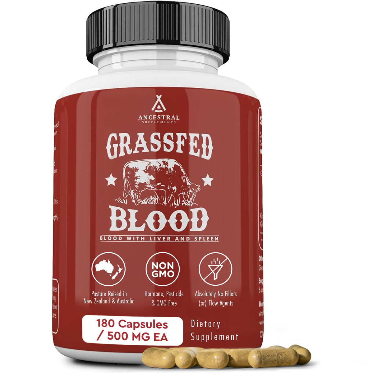 Ancestral Supplements – bouteille de gélules montrant les organes du bœuf, soutien potentiel à l'énergie.
