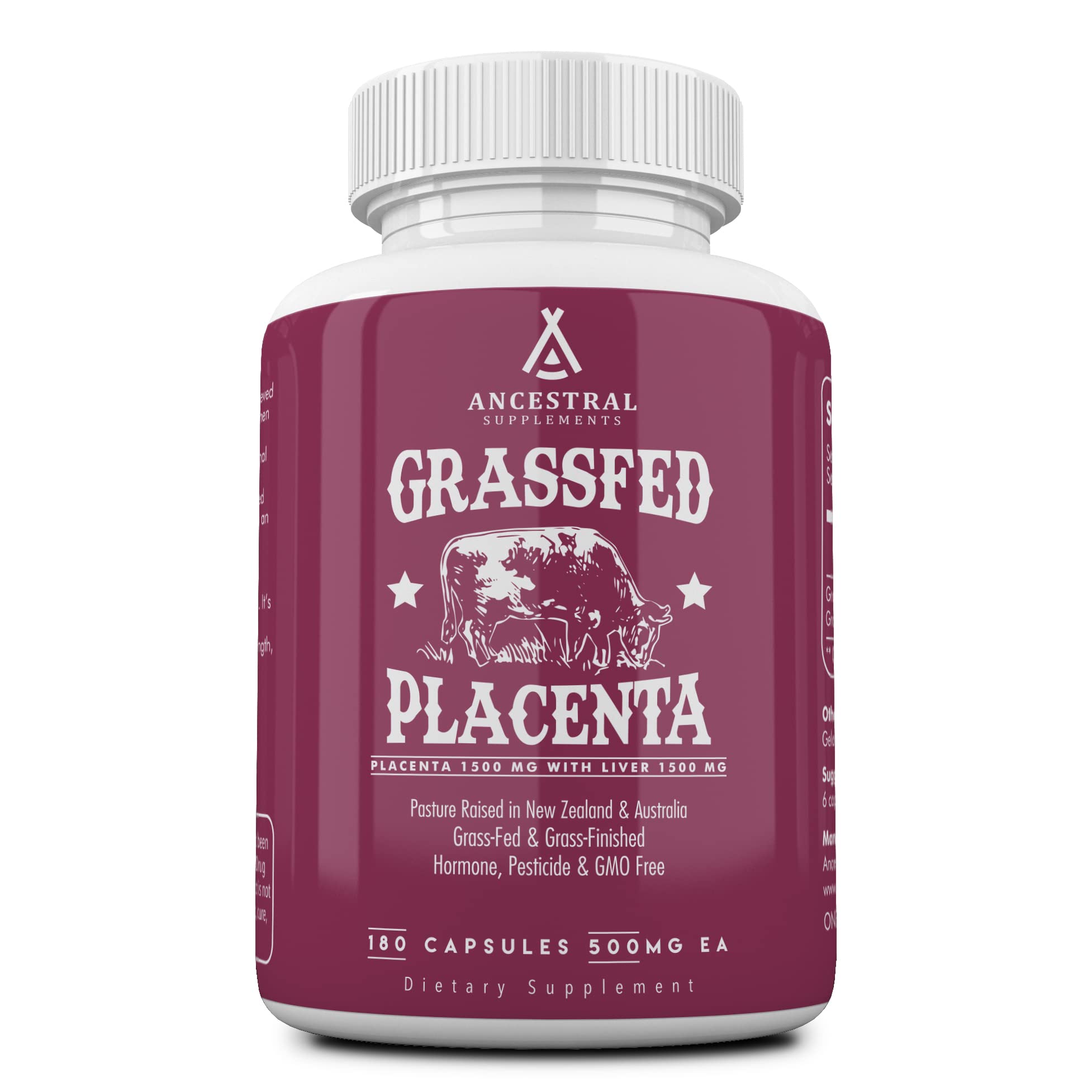 Ancestral Supplements – Bouteille visible avec placenta et foie, soutien nutritionnel après accouchement.