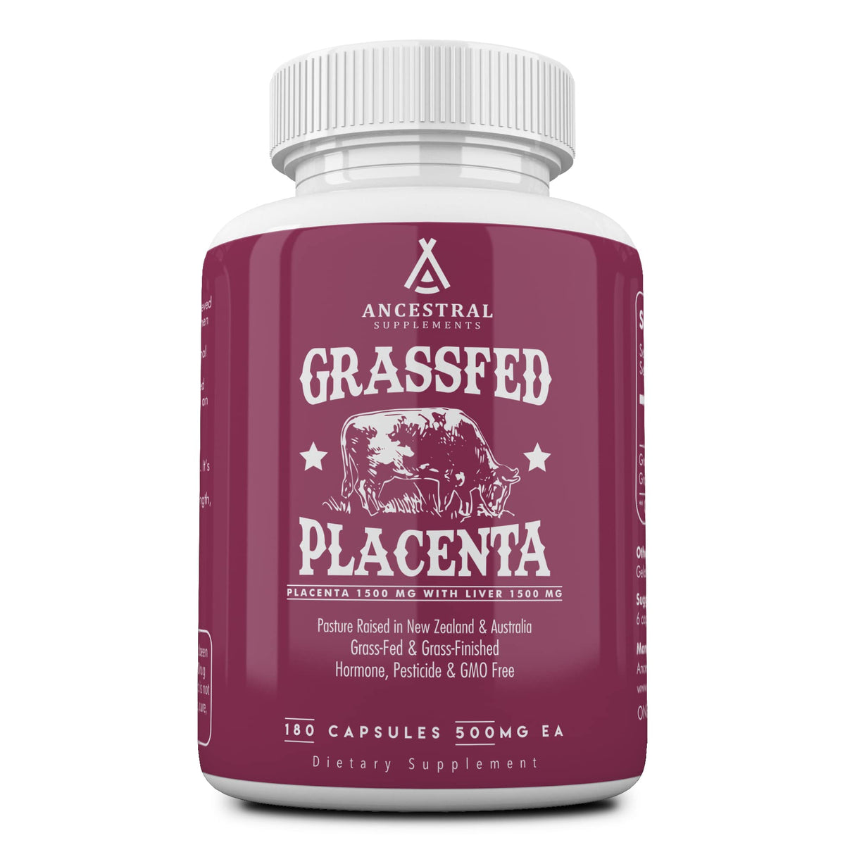 Ancestral Supplements – Bouteille visible avec placenta et foie, soutien nutritionnel après accouchement.