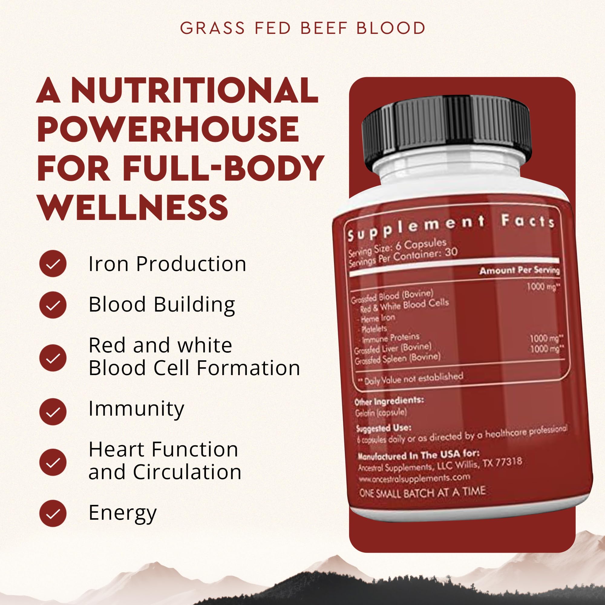Ancestral Supplements – capsules concentrées sang, foie et rate de bœuf pour nutrition ciblée.