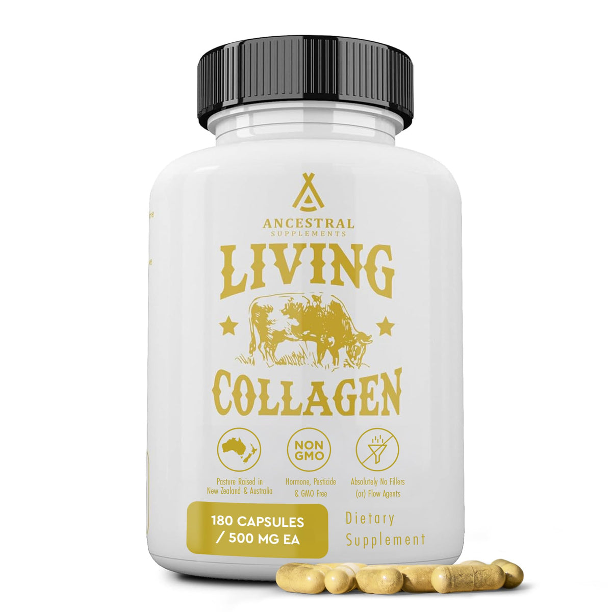 Bouteille de collagène vivant Ancestral Supplements prête à être intégrée à votre routine soin peau.