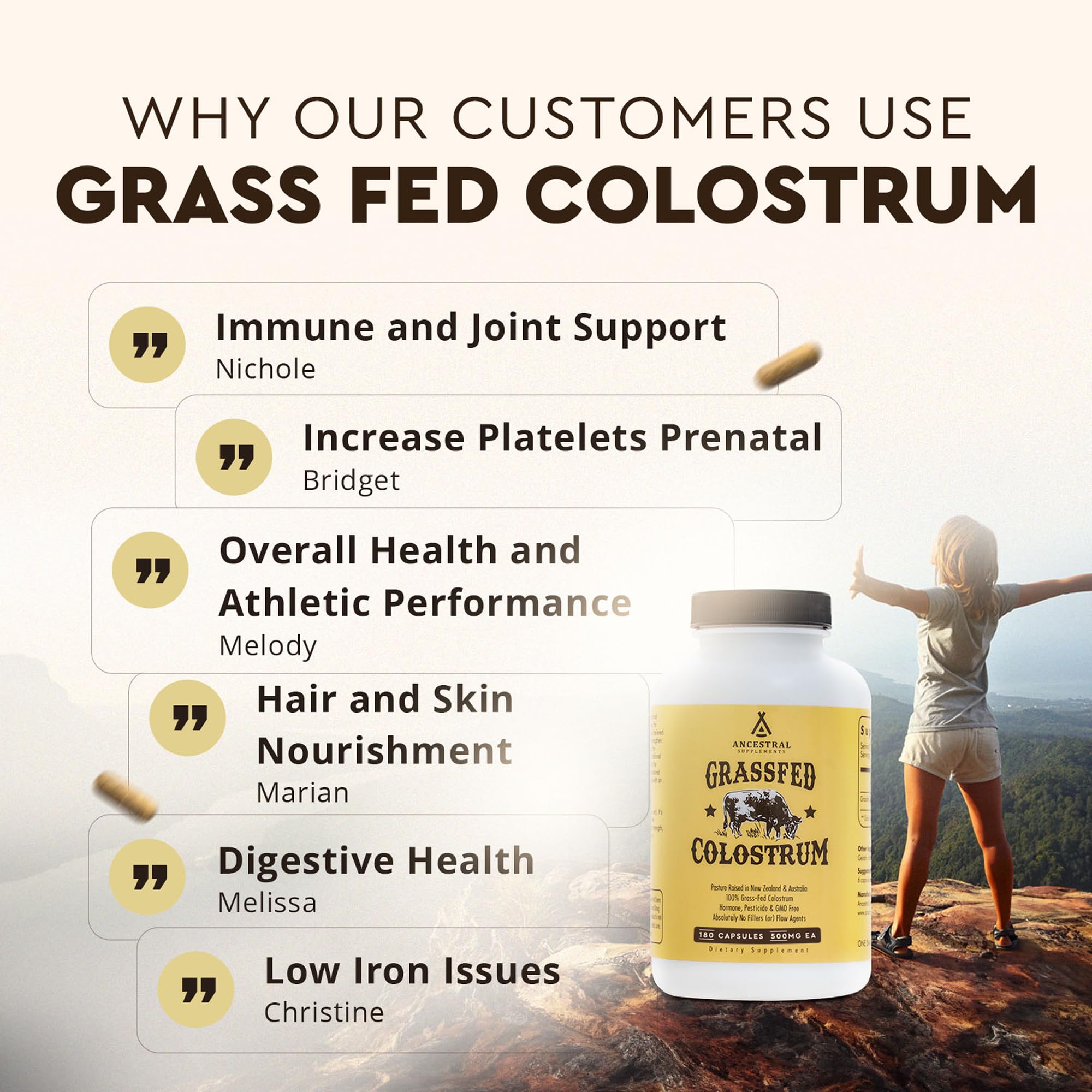 Boîte et flacon Ancestral Supplements, non-GMO et traçabilité vérifiée.