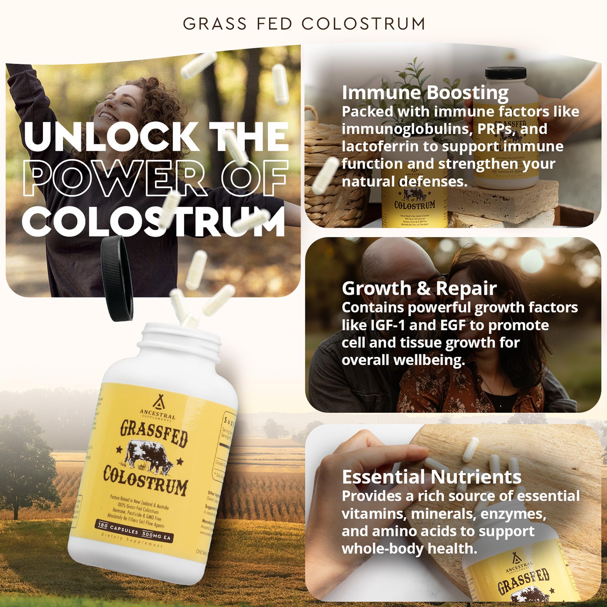 Étiquette Ancestral Supplements Colostrum, origine grass-fed et pureté vérifiée.