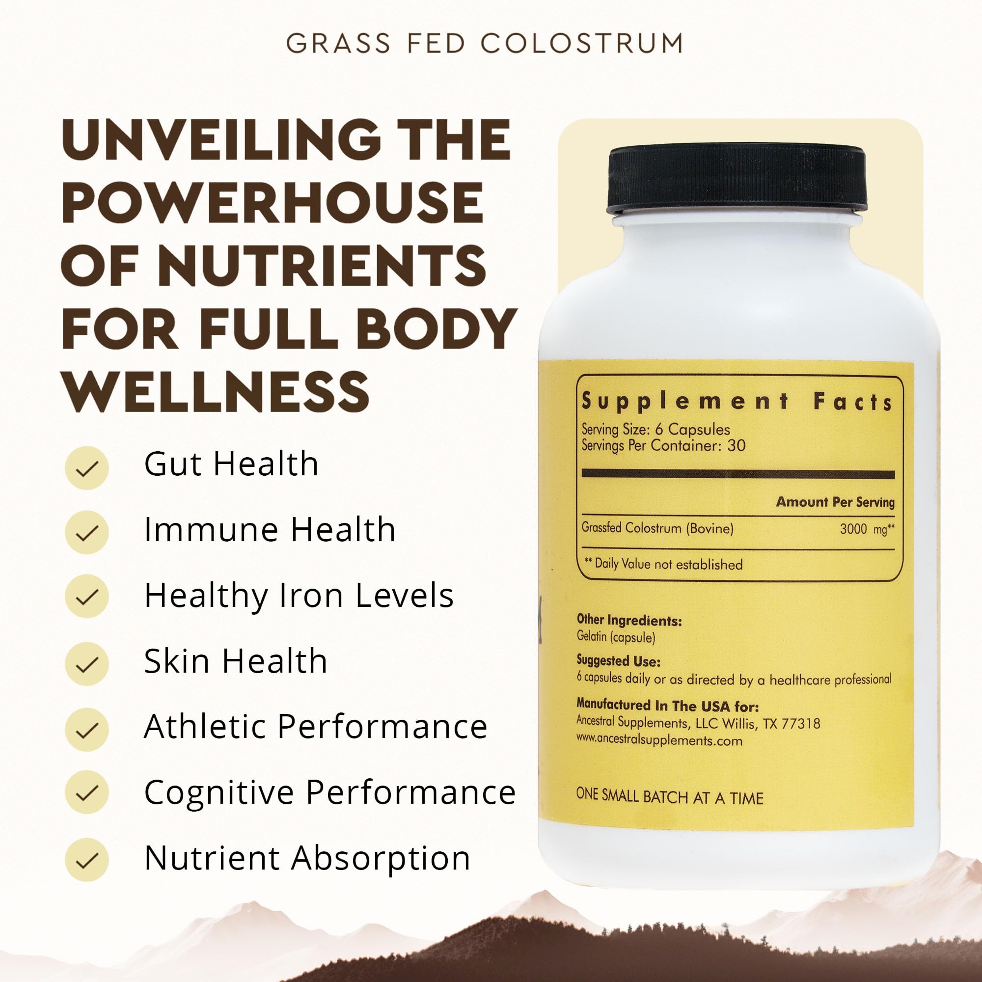 Gélules Colostrum Ancestral Supplements en gros plan, usage quotidien potentiel pour la digestion.