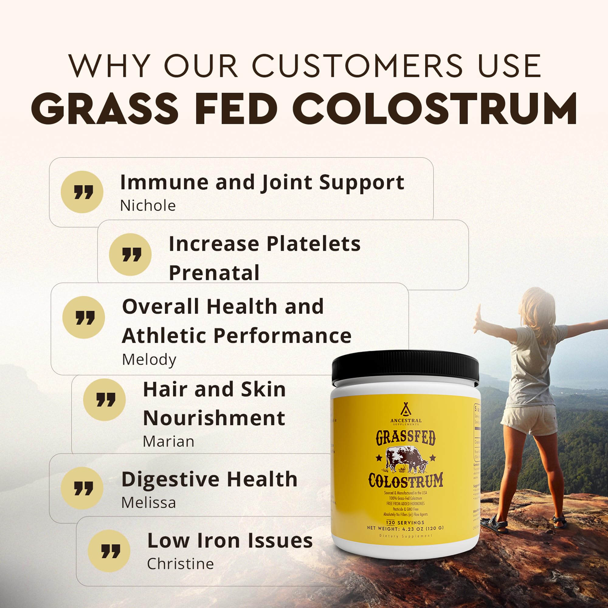 Ancestral Supplements Colostrum Poudre, usage quotidien simple pour soutenir le bien-être général.